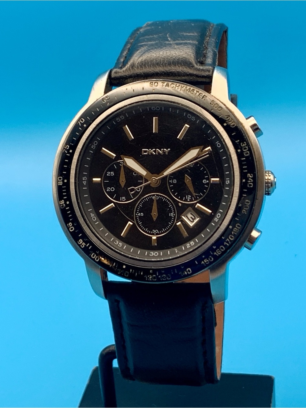 DKNY NY-1478 Men’s Chrono Wristwatch Date St Steel Leather Band Working New Batt